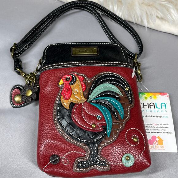 Chala Purse Rooster Design Vegan Two Straps Included Pouch/Crossbody Two Charms - Picture 1 of 15